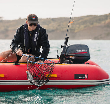 Fishing from a True Kit Discovery landing craft inflatable catamaran