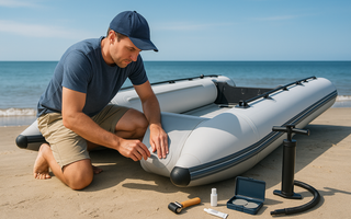 A man fixing his inflatable dinghy
