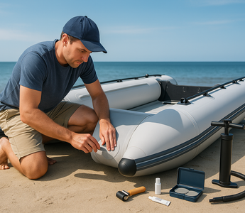A man fixing his inflatable dinghy