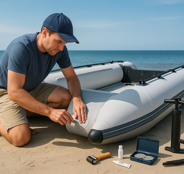 A man fixing his inflatable dinghy