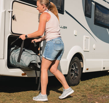 The compact True Kit inflatable coming out of a motorhome/RV