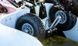 QuickLok Dinghy Wheels sit in behind the transom and don't interfere with the outboard